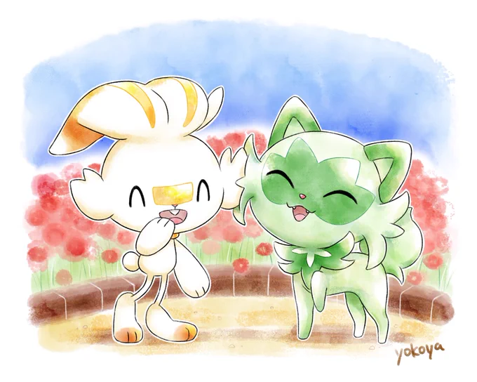 仲良しヒバニーとニャオハを描きました 