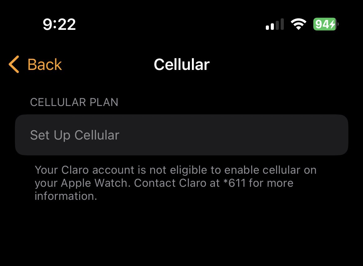 serch6's tweet photo. Oye @ClaroTeAyuda la razón por la que sigo con ustedes es porque son el único proveedor que da opción de celular al Apple Watch… nadie ha podido resolver esto (y cabe aclarar que ya he tenido claro sync dos veces antes, me va a tocar pasarme de operador? https://t.co/5RWzSJXwAm