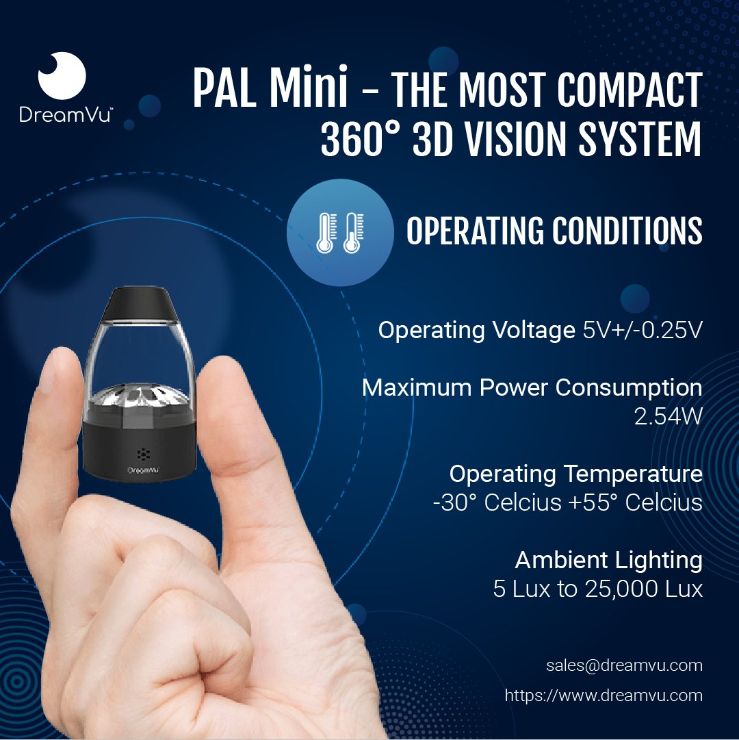 dreamvu_inc's tweet photo. #PALMini is the world’s most #miniature360° camera with a #lowoperatingvoltage of 5V +/- 0.25V with a #maxpowerconsumption of 2.54W with a #wideoperatingtemperature of -30°C to 55°C and works in #ambientlighting of 5-25,000 lux. Never has a camera so small been capable. #DreamVu https://t.co/eGxWy9CuYQ