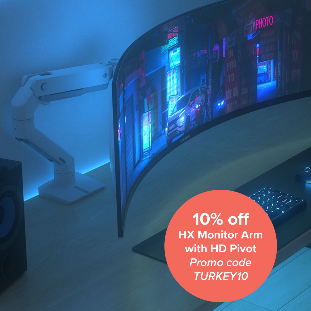Our HX Desk Monitor Arm with HD Pivot enables an immersive viewing experience for heavy, ultra-wide monitors like #Samsung's 49" Neo G9 and Odyssey G9.

Now through #CyberMonday, this bestselling monitor arm is 10% off!

Use code TURKEY10 at checkout: bit.ly/3Vqfjlx