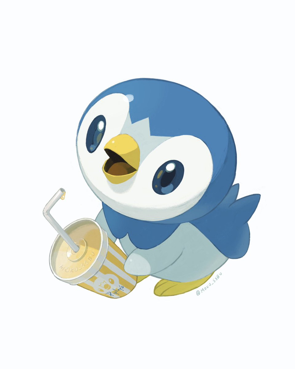 piplup no humans pokemon (creature) solo open mouth tongue drinking straw white background  illustration images