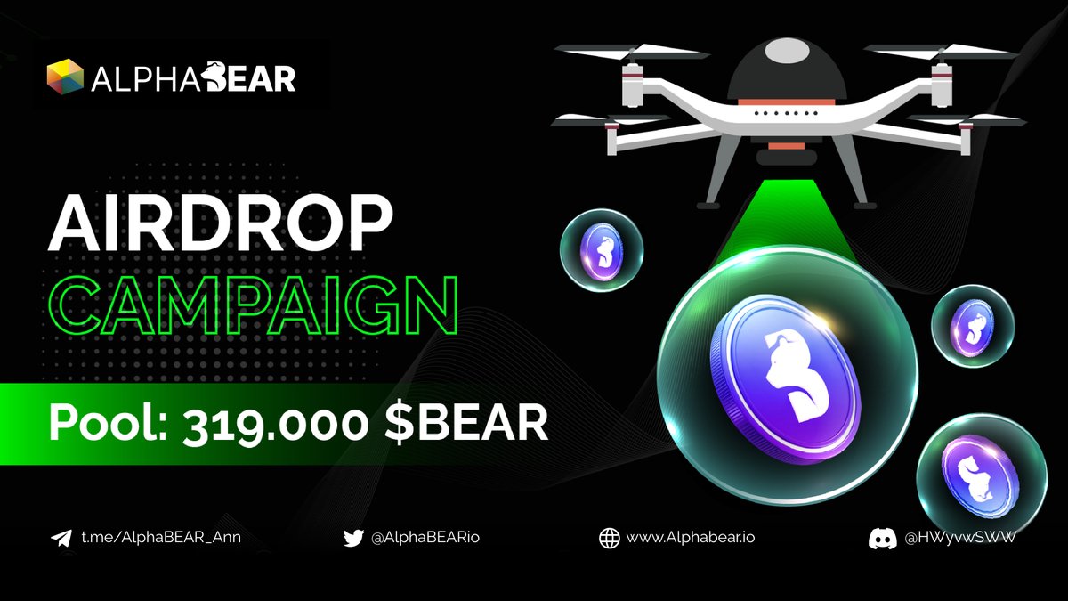 🚨 Airdrop: AlphaBear (BEAR)
🔥 Reward: 100 BEAR (~$10)
🏆 Winners: 2000 Random &amp; Top 300
📅 End Date: 14th January 2023
🚀 Distribution: Q2 2023

ℹ️ Airdrop Link: t.me/AlphaBearAirdr…

📑 Website: AlphaBEAR.io
👉 Whitepaper: wp.alphabear.io
