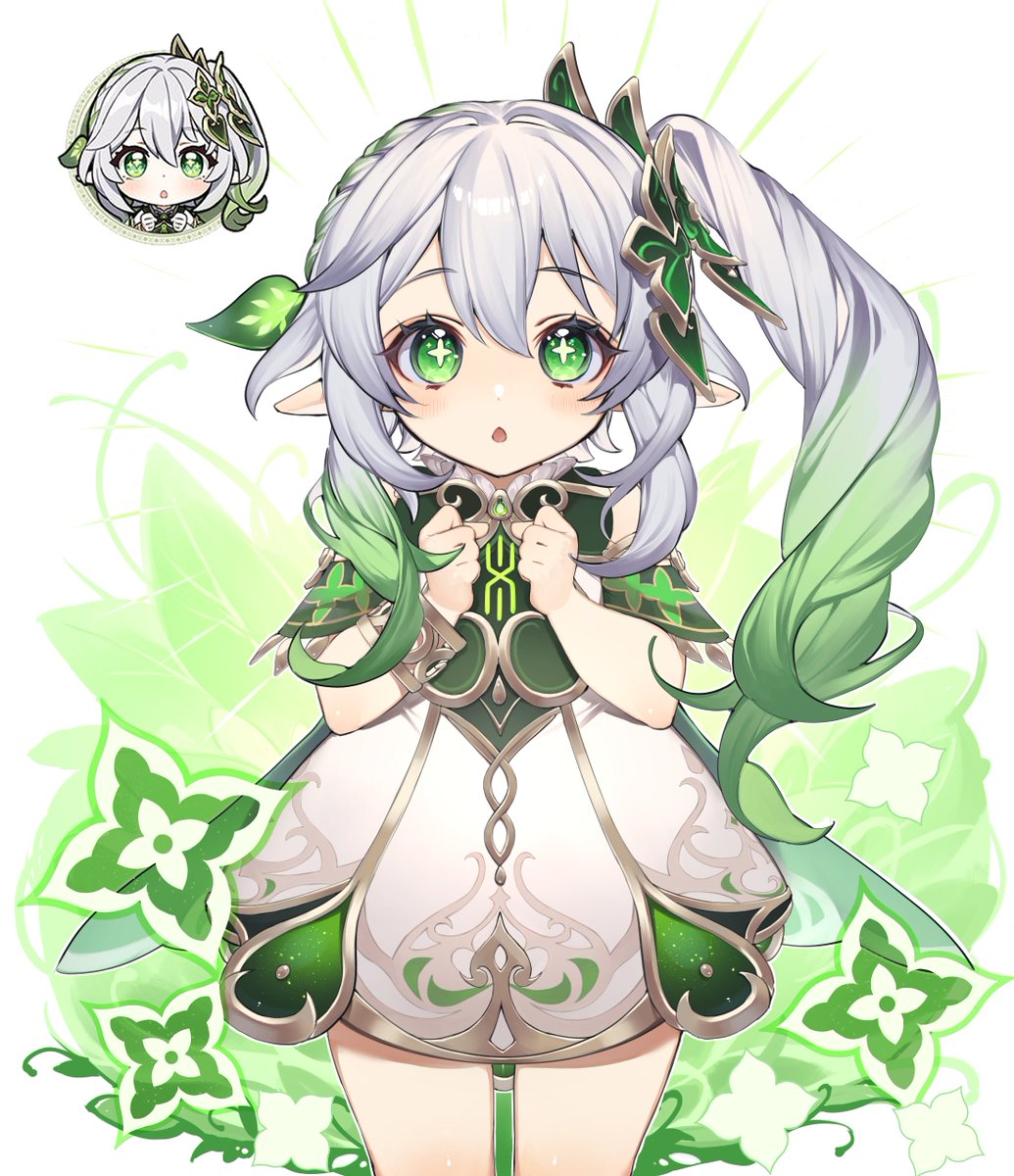 nahida (genshin impact) 1girl pointy ears green eyes side ponytail dress symbol-shaped pupils gradient hair  illustration images