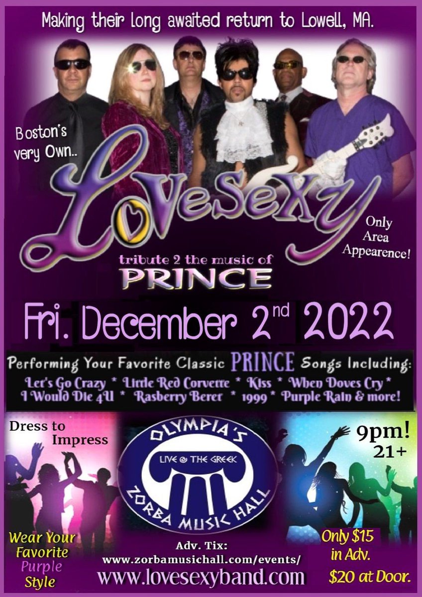 @LoVeSeXy_band Tribute 2 PRINCE returns on 12/2/22to @TheNewOlympia Zorba Music Hall. Get Tix Now: zorbamusichall.com/events/ #princetributebandma #princetributezorba #zorbamusichall #princetributelowellma #lovesexy #lovesexyband #princetribute #premierprincetribute #prince