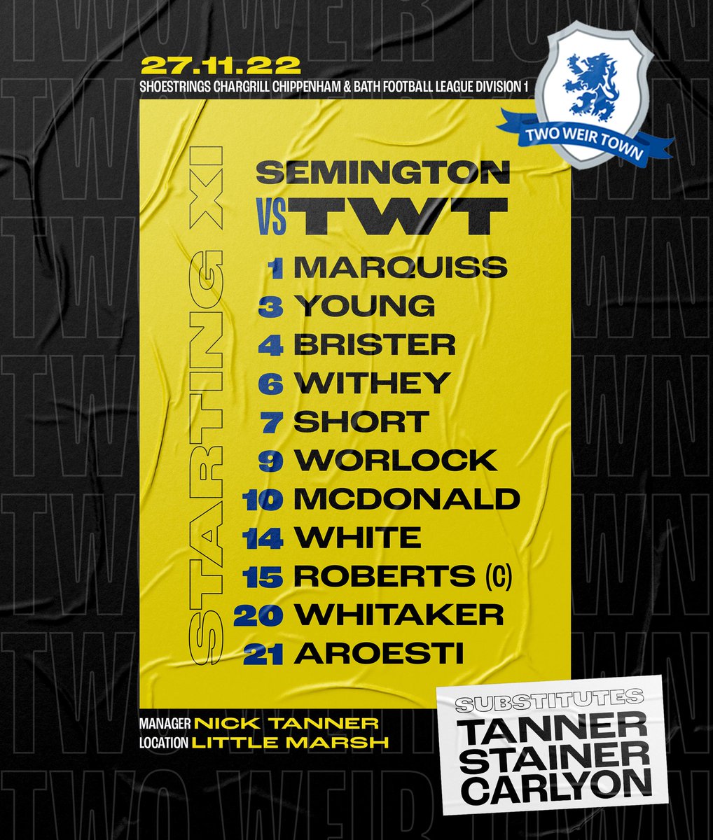 TwoWeir's tweet image. The Gaffer lines us up in a 4-4-2 for this morning’s game against Semington 👊🏻

🥅 McDonald dons the number 10 shirt and starts up front
👟 Aroesti makes his first start of the season on the left
👶 Young returns to the team in defence

Up the bloody Two Weir!! 😍⚡️🔵