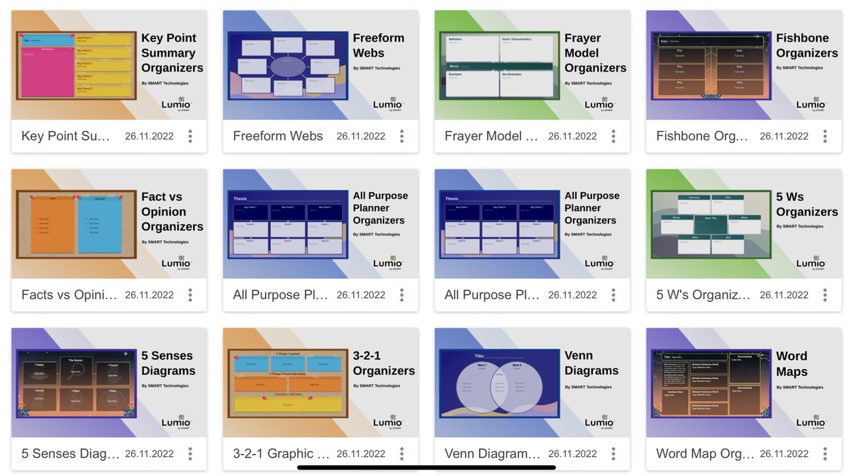 RainioMaarit's tweet photo. WOW! There are many new Graphic Organizers in Lumio Library! They help to visualize and construct ideas,organize or sequence information, brainstorm, organize problems and solutions, compare and contrast ideas. #SMARTAmbassador #WeAreSMART #SMARTInnovator @SMART_Tech @LumioSocial https://t.co/OhLPK7xxdM