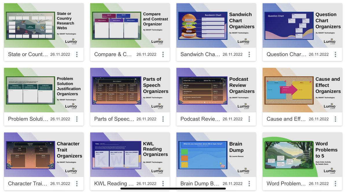 RainioMaarit's tweet photo. WOW! There are many new Graphic Organizers in Lumio Library! They help to visualize and construct ideas,organize or sequence information, brainstorm, organize problems and solutions, compare and contrast ideas. #SMARTAmbassador #WeAreSMART #SMARTInnovator @SMART_Tech @LumioSocial https://t.co/OhLPK7xxdM