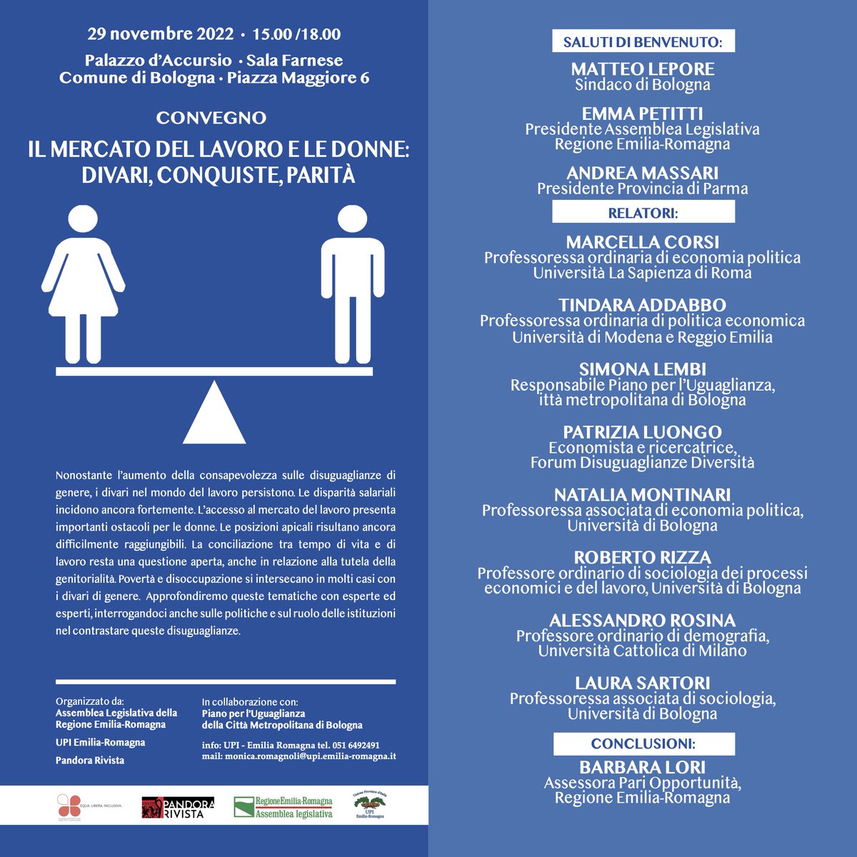 Martedì 29 a Bologna a Palazzo d'Accursio <a href="/comunebologna/">Comune di Bologna</a> dalle 15 alle 18 parleremo di "Il mercato del #lavoro e le #donne: #divari, #conquiste, #parità" con esperte ed esperti. In collaborazione con <a href="/AssembleaER/">Assemblea ER</a> <a href="/Upi_ER/">UPI Emilia-Romagna</a>. Per registrazioni: monica.romagnoli@upi.emilia-romagna.it