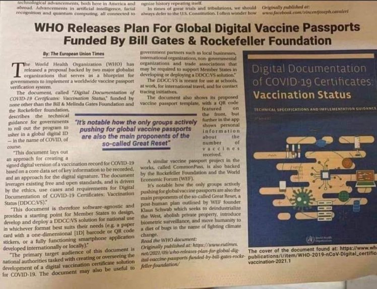 JamesMelville's tweet photo. The WHO have released their plan for a global digital vaccine passport for any vaccine. This is unelected technocratic control aided and abetted by subservient governments. No one voted for this.
#NOVaccinePassports https://t.co/N2bSXYUd3Z