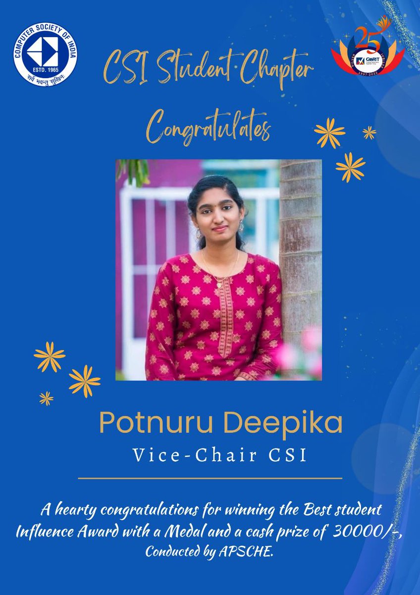 A hearty congratulations to Ms. Deepika Potnuri for winning *Best student Excellence Award* conducted by APSCHE. 
We *CSI fam❤️* whole heartedly congratulates your for your accomplishments and wish you all the very best for your future career and endeavour