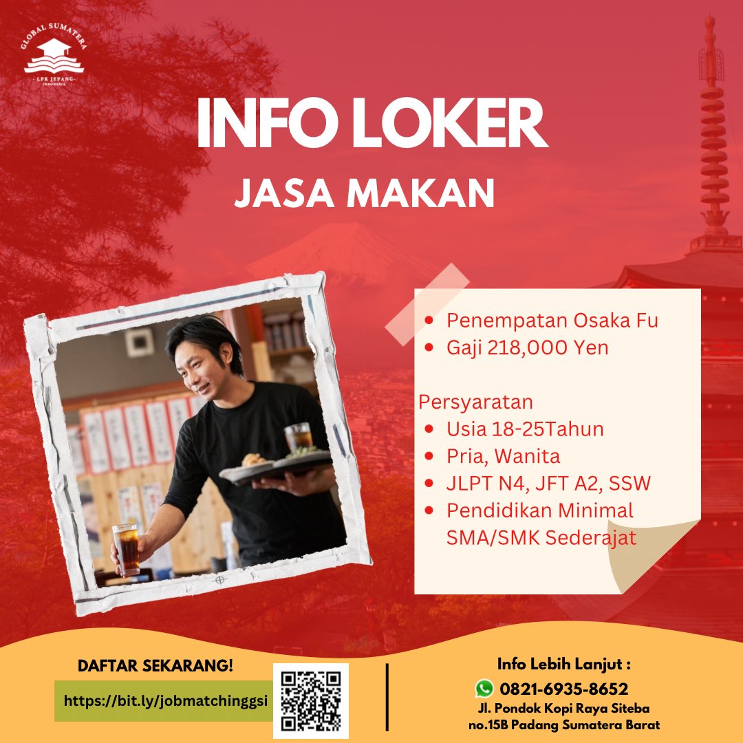 LPKjepang's tweet photo. Info lowongan jasa makanan di Jepang Kota Osaka🍔
Ayo kerja di Jepang🍣🍝🍕

#lokerjepang #lowonganjepang #kerjadijepang #tokuteiginou #ssw #jlpt #jasamakanan #lpkjepang #lpkglobalsumatera https://t.co/5m7R4tKamw