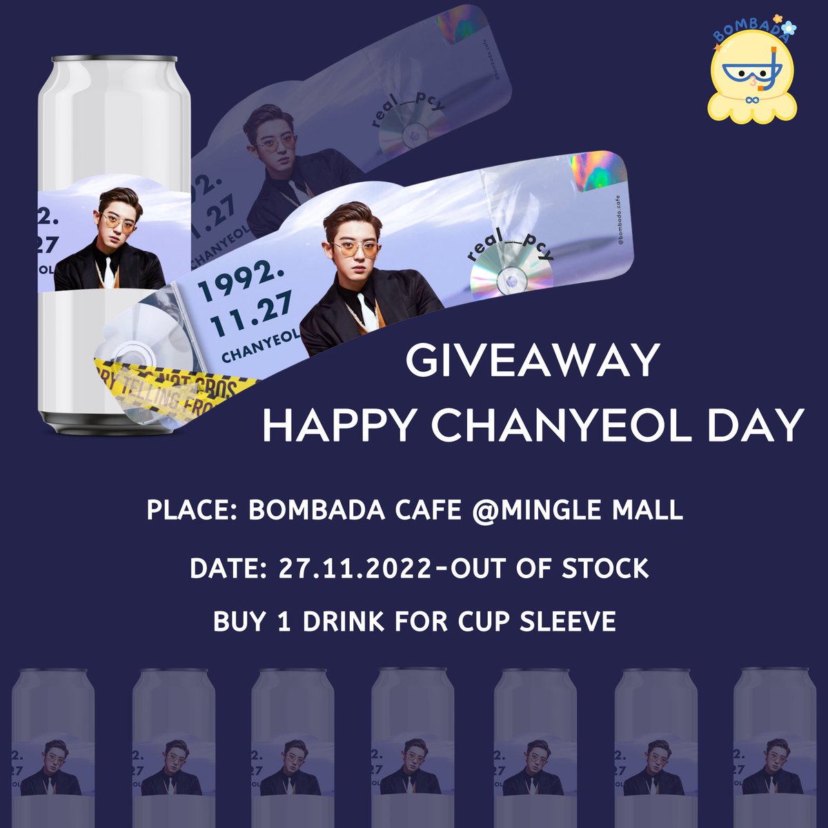 bombada_cafe's tweet photo. 🍋GIVEAWAY🍋
✨ซื้อ 1 เครื่องดื่ม/ Cup Sleeve 1 ชิ้น✨
📍BOMBADA CAFE 
(Mingle Mall ม.กรุงเทพ)
☀️27 November-Out of stock
🕝11.30-21.30 hrs.
🌙มีจำนวนจำกัดนะคะ🌙
#HappyChanyeolDay 
#HappyLoeyDay #Chanyeol #찬열 #항상찬열이편 #찬열아생일축하해 https://t.co/UYErffIVYM