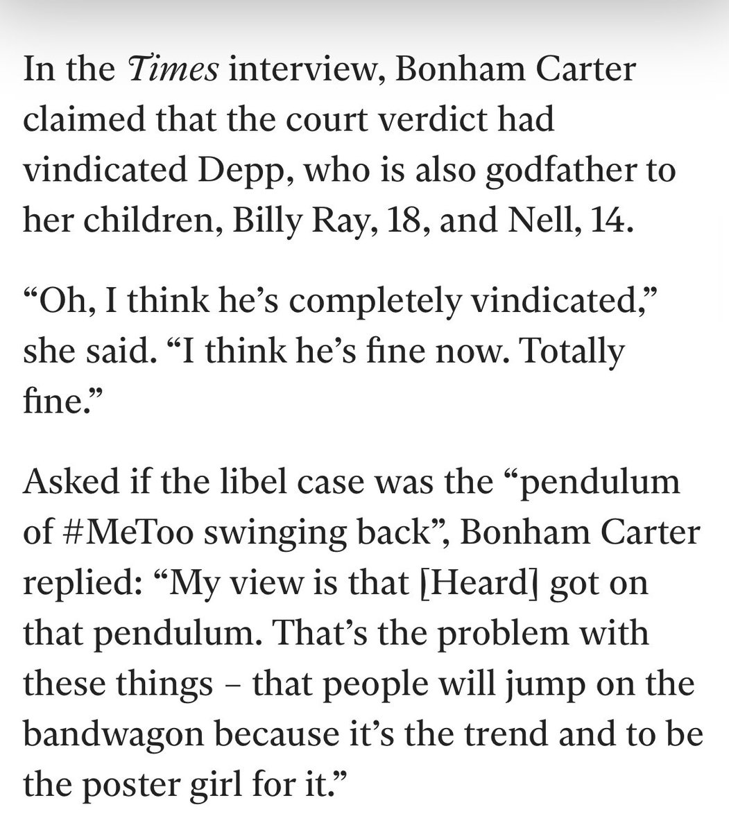 Helena Bonham Carter defends wife-beater and rapist, Johnny Depp. Holding your abuser accountable is apparently just a trend to her.