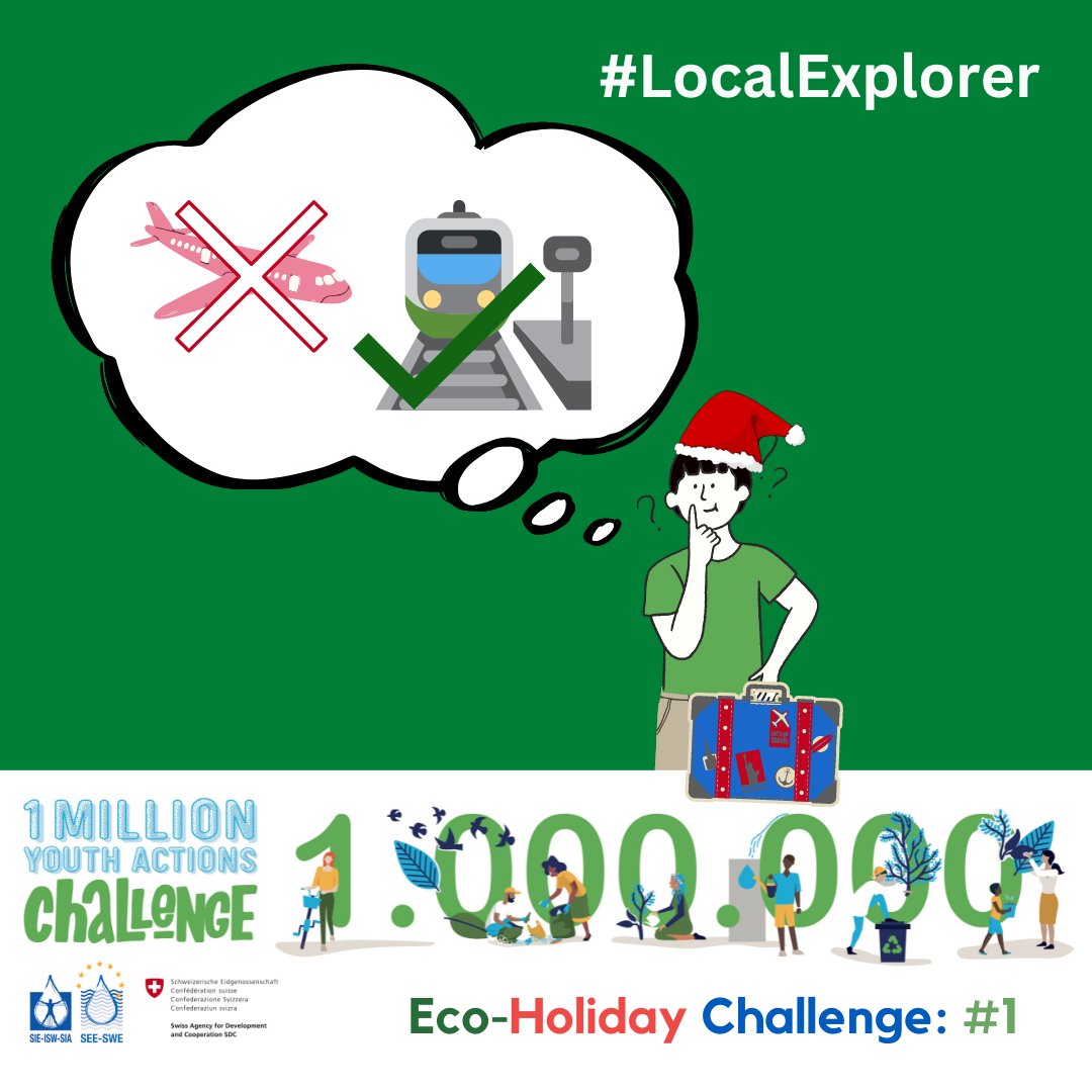 1MYACglobal's tweet photo. 👋It’s time to kickoff our #EcoHoliday challenge.
🧳When planning your #vacation, think #sustainable. Avoid flights. Travel local 🚂.
👇Take this 1MYAC action here:
https://t.co/p0DmJneblP
#LocalExplorer #SDG13 https://t.co/gDyiYwwDl2
