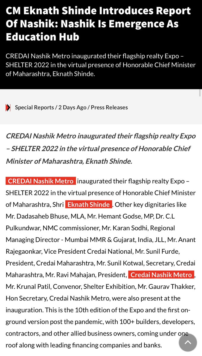 In the news: Credai Nashik Metro  is all set to organize Maharashtra’s biggest real estate expo - Shelter 2022 in Nashik. 
Thank you <a href="/RealtyNXT/">RealtyNXT</a> for the feature. 

Link: realtynxt.com/news/cm-eknath…

#nashik #credainashik #nashikdevelopment #nashikgrowth #midday #featured