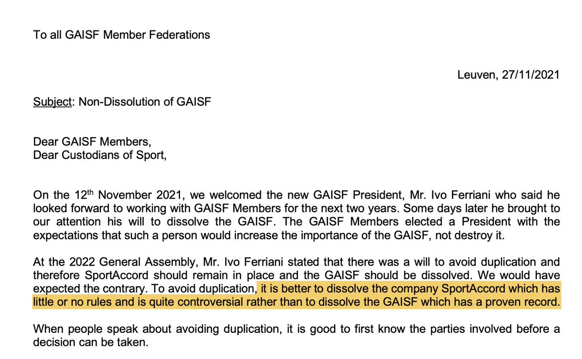 THREAD
In the Olympic world, letters like this are BREAKING, extraordinary.
It is about the planned and highly dubious dissolution of @GAISF_sport ... opposition comes from Harald Vervaecke, Secretary General <a href="/ils_life_saving/">ILS - International Life Saving Federation</a>. The best and smartest document I know about this!
/1