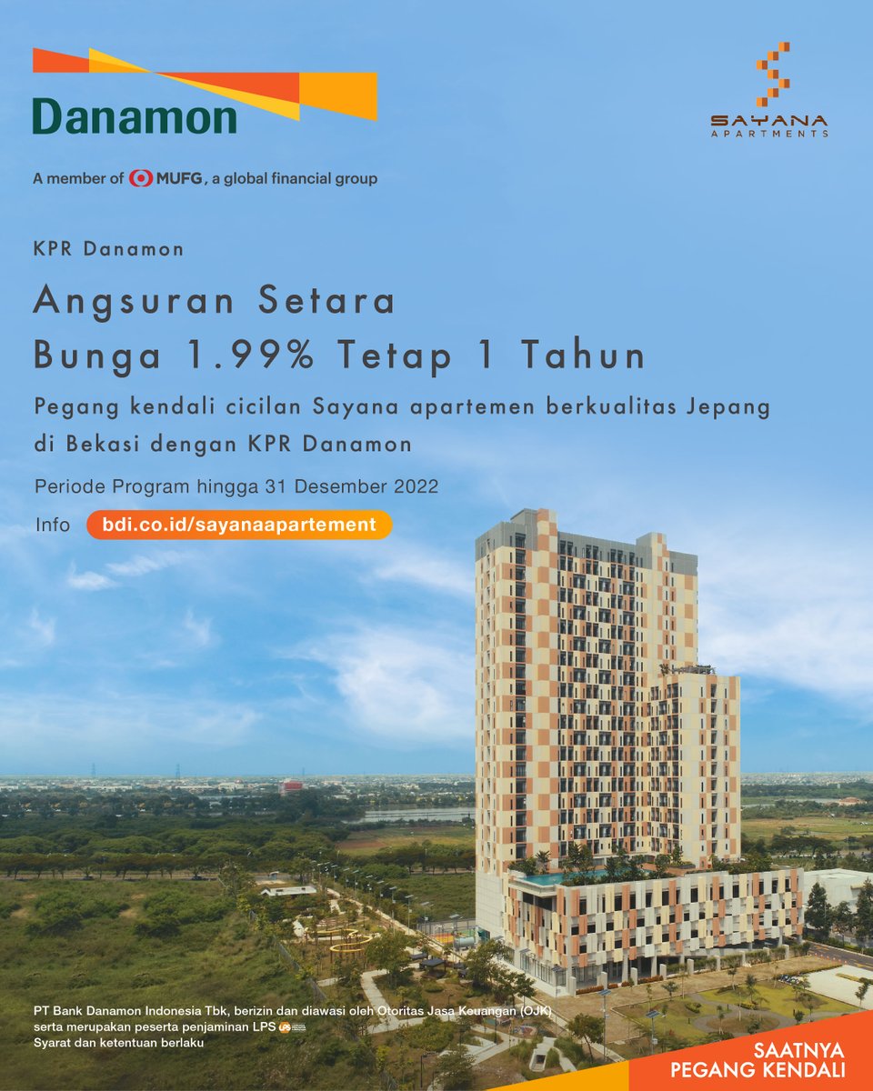 danamon's tweet photo. Ingin miliki apartemen kualitas Jepang?
Sayana apartemen jawabanya!
Ajukan sekarang melalui #KPRDanamon dan nikmati angsuran setara Bunga 1,99% tetap 1 tahun
Periode hingga 31 Desember 2022
Info: https://t.co/EewQPr7DSO
#Danamon #Saatnyapegangkendali https://t.co/3NPbcygxI3
