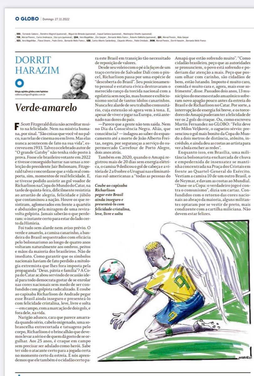 marinhos's tweet photo. Dorrit Harazim, em O Globo, 27.11.22. Imperdível.
#VerdeAmarelo #Richarlison #CopaDoMundoFIFA #CopaDoMundo2022 #Bolsonaro #manifestacoes #CopaCatar #Neymar https://t.co/w9rbohRprz
