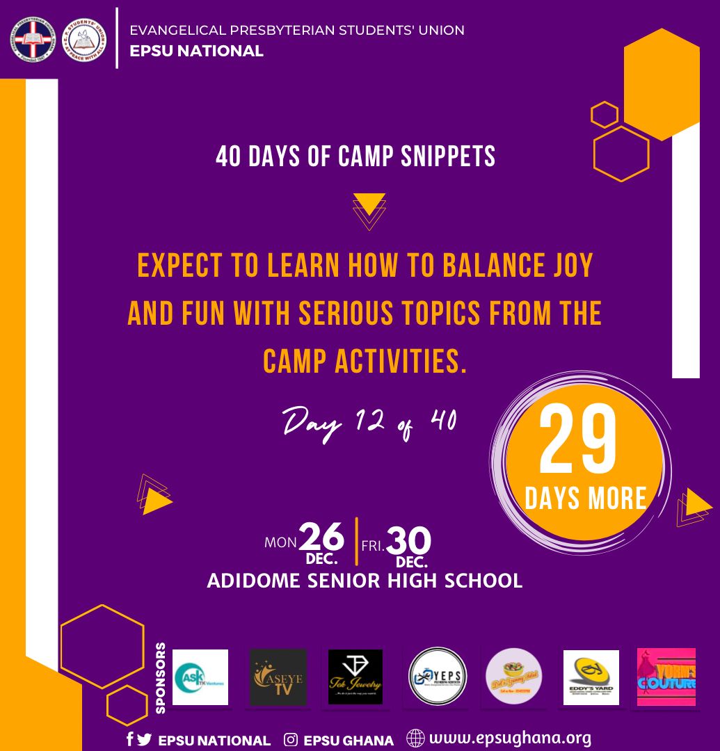 epsunational's tweet photo. π 40 DAYS OF CAMP SNIPPETS π
πDay 12 of 40
Expect to learn how to balance joy and fun with serious topics from the CAMP activities. π
We can't waitβ¦ Wooosh!π₯π₯π₯
πΉRemember, 29 DAYS MORE
#40DaysOfCampSnippets #Dec4Camp #EPSUNational #Adisec22 https://t.co/6ZKLrnB7ja