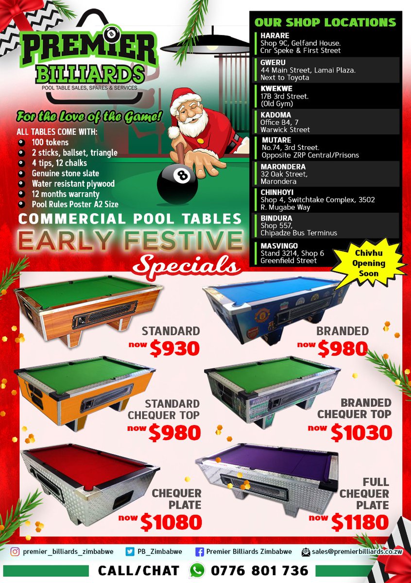 #redmarketsunday
<a href="/redmarketsunday/">Red Market Sunday</a> 
<a href="/iMisred/">MISRED</a> 
EARLY FESTIVE SPECIAL!!! Available from 10 branches across 7 provinces throughout Zimbabwe, we provide the best price and quality for Pool and Soccer Tables. Call/App Premier Billiards +263776801736