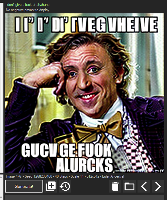 _RottingAway_'s tweet image. what the hell? "i don't give a fuck ahahahaha" prompt  generates Willy Wonka meme lol #stablediffusion #stablediffusiongui #ai #aigenerated #nmkd