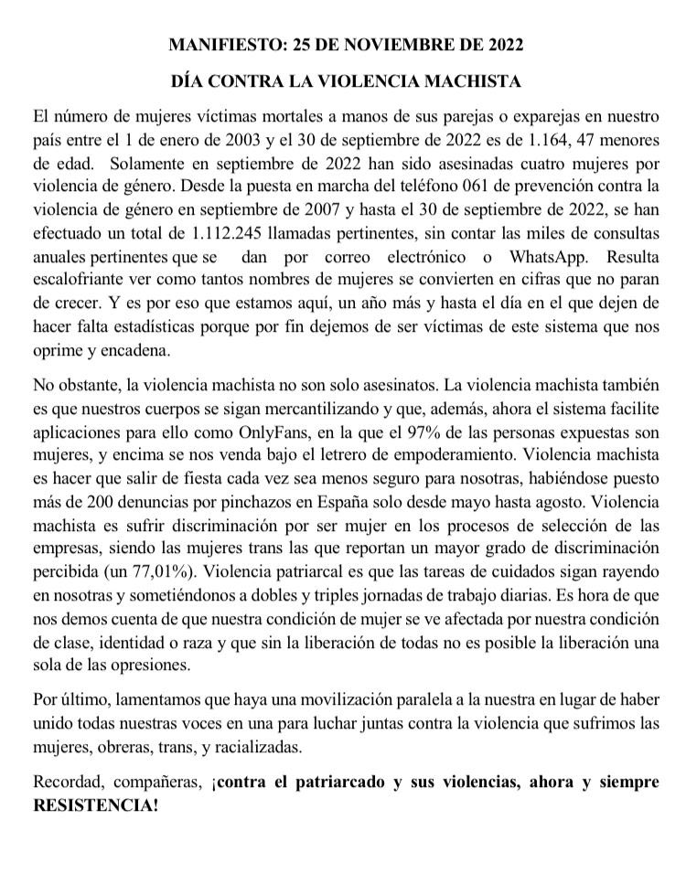 ColectEspinas's tweet photo. Aquí tenéis el manifiesto que leímos el 25 N, día contra la violencia machista.
¡Contra el patriarcado y sus violencias, ahora y siempre RESISTENCIA! 💜 https://t.co/0NdzwPCqAO