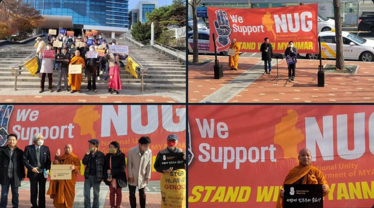san24988368's tweet photo. Scenes from an anti-dictatorship movement led by Daegu Sayadaw in Osan,South Korea today.  #ViolenceAgainstWomen #16DaysofActivism2022 #2022Nov27Coup #WhatsHappeningInMyanmar https://t.co/jVVGfsVIVo
