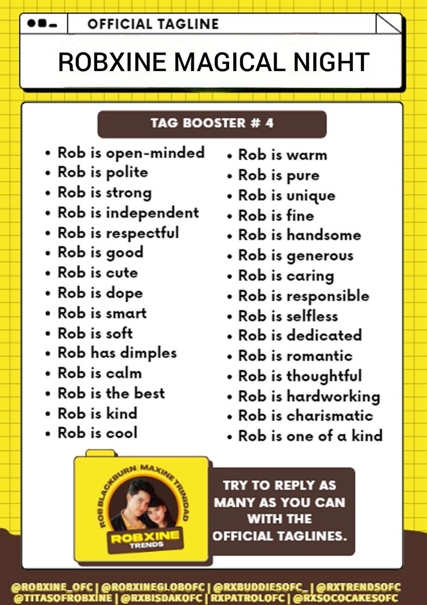 Fourth Tag Booster

Try to reply as many as you can with our official tagline and hashtag. Please attach photos/videos/GIFs. 

Goal: Five hundred replies.

ROBXINE MAGICAL NIGHT
#StarMagicalChristmas
#RobBlackburn | #MaxineTrinidad |
#RobXine