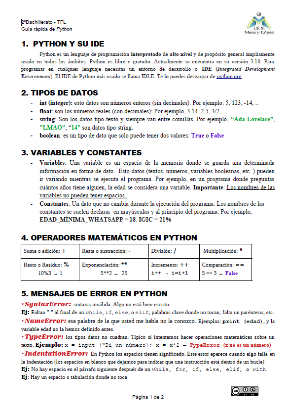 TecnoTechnology's tweet image. Comparto este chuletario de Python que he ido preparando los últimos cursos. Los hay más completos, pero me he centrado en lo básico para nivel de instituto.
La idea es tenerlo encima de la mesa mientras resuelven sus primeros retos de programación 🐍