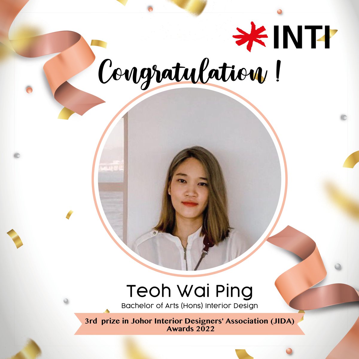 INTI_edu's tweet photo. Congratulations to our student, Teoh Wai Ping from Bachelor of Arts (Hons) Interior Design, Sheffield Hallam University programme who won 3rd prize in the "Best Emerging Designer (Student)" category at the Johor Interior Designers' Association (JIDA) Awards 2022.
#INTIpride https://t.co/4iaT3DdM1A