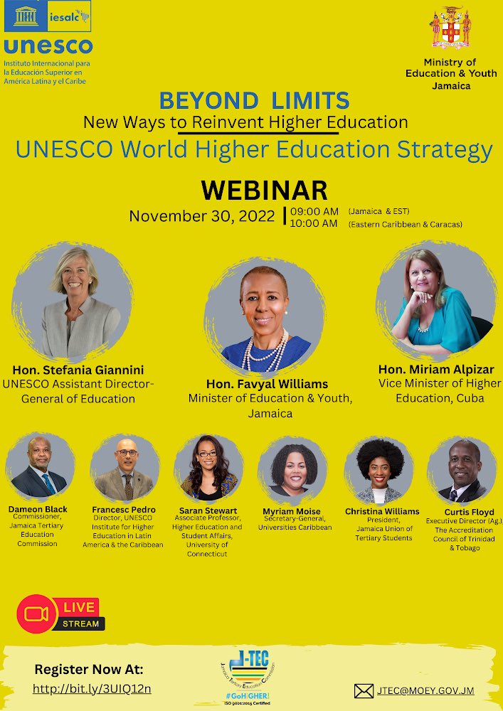 Universities Caribbean (@uc_1caribbean) on Twitter photo Join us online on 30th Nov at 9 am (Jamaica time)! <a href="/CaribbeanUnesco/">UNESCO Caribbean #Education #Sciences #Culture</a> is giving voice to Caribbean leaders, academics and practitioners sharing their views on reinventing #highereducation for our region! Our S-G Dr <a href="/Myriam_Moise/">Myriam Moïse</a> will discuss our One Caribbean Solutions strategy! Join us online on 30th Nov at 9 am (Jamaica time)! <a href="/CaribbeanUnesco/">UNESCO Caribbean #Education #Sciences #Culture</a> is giving voice to Caribbean leaders, academics and practitioners sharing their views on reinventing #highereducation for our region! Our S-G Dr <a href="/Myriam_Moise/">Myriam Moïse</a> will discuss our One Caribbean Solutions strategy!