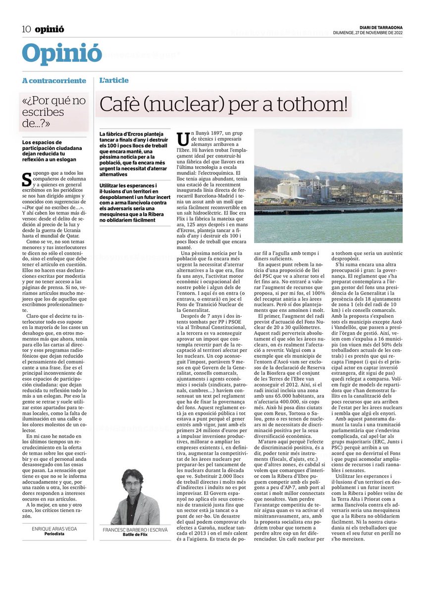 francescbarbero's tweet photo. Avui el @Diari_Ebre em publica aquest article d'opinió a tomb del #FonsNuclear i els problemes de competitivitat que tenim a zones d'interior com La Ribera, amb el rerefons del tancament d'#Ercros. https://t.co/LYfnMA6UUv
