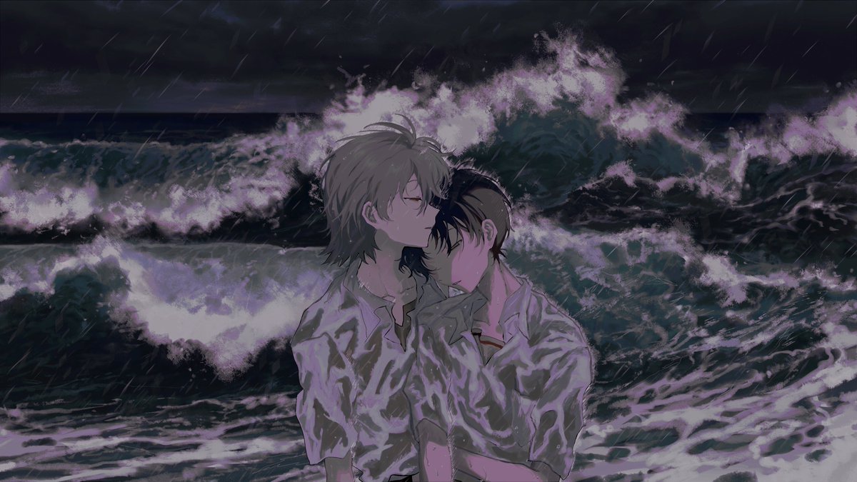 ikari shinji ,nagisa kaworu 2boys multiple boys male focus waves yaoi wet clothes closed eyes  illustration images