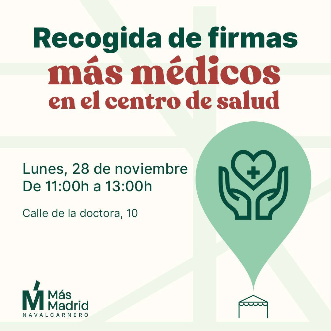 MasNavalcarnero's tweet photo. En Navalcarnero también vivimos el maltrato de Ayuso a la sanidad

Largas esperas para tener cita en nuestro centro de salud por la falta de médicos/as

Mañana recogeremos firmas de los vecinos y vecinas para solicitar a la Comunidad de Madrid más médicos para Navalcarnero 💚🧑‍⚕️ https://t.co/ZjJmB8Mgbh