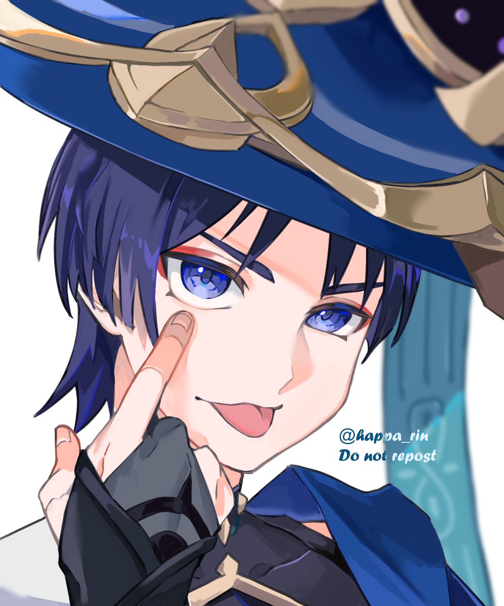 scaramouche (genshin impact) tongue 1boy male focus jingasa tongue out hat solo  illustration images