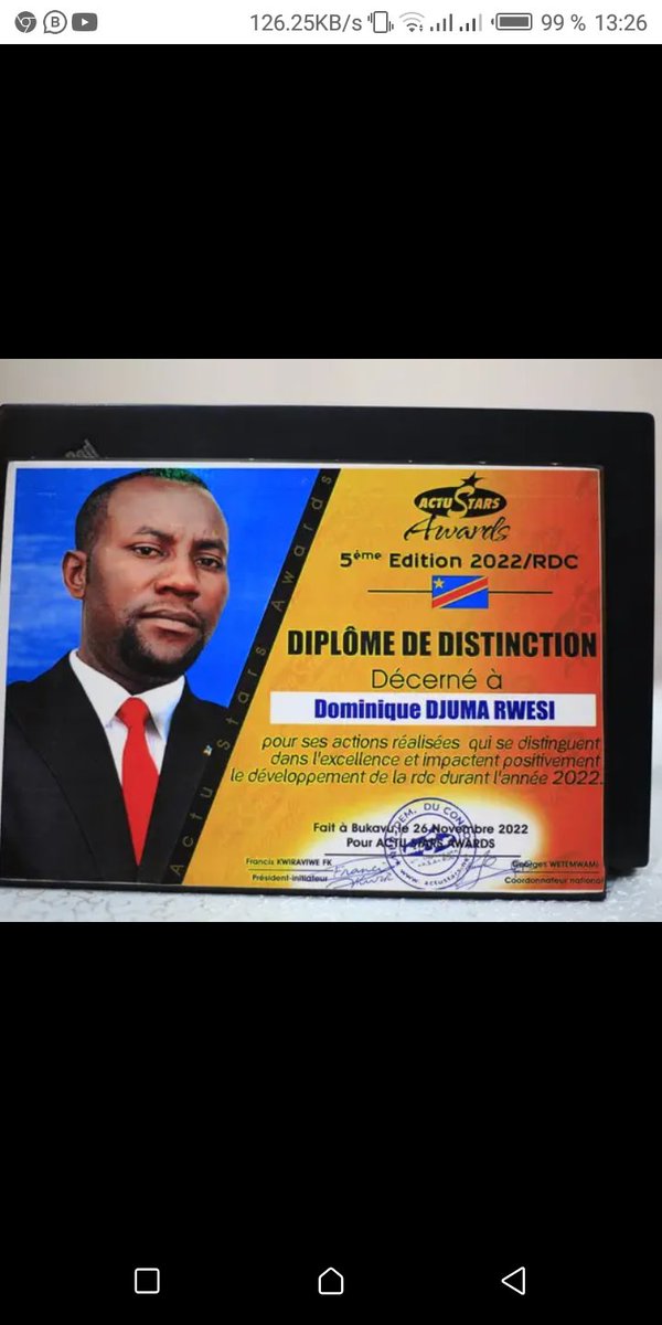 Félicitation à #Djuma Rwesi Dominique, qui a été décerné un diplôme de distinction dans la catégorie de la jeunesse en politique en #RDC. Notable du territoire de #kalehe, président fédéral du parti politique ECN et grand entrepreneur.