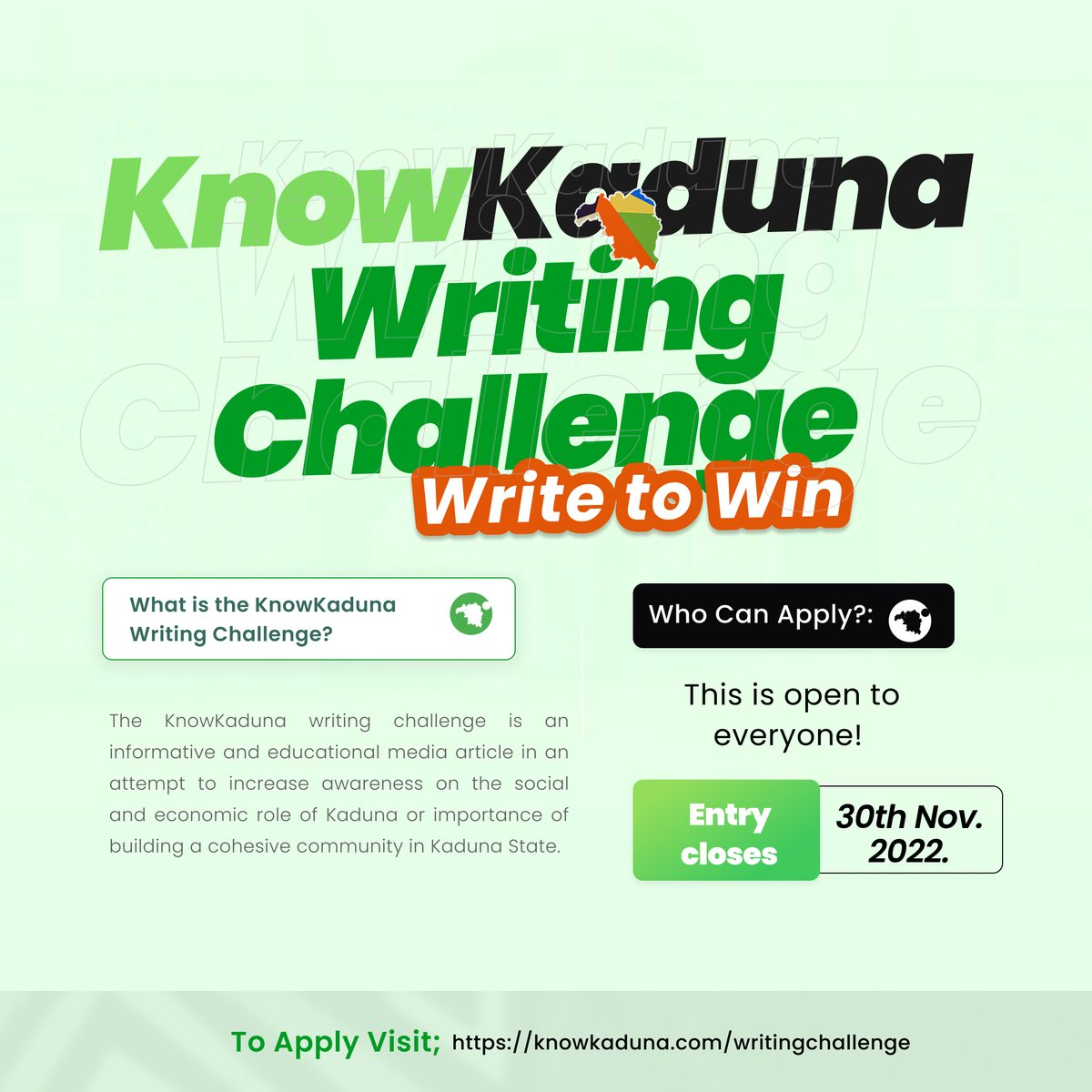 Have you applied to write about your Kaduna experience yet? 

With the #knowkadunawritingchallenge, you get to win some awesome prizes for telling your story. 

Why don't you click on this link to apply?
knowkaduna.com/writingchallen….