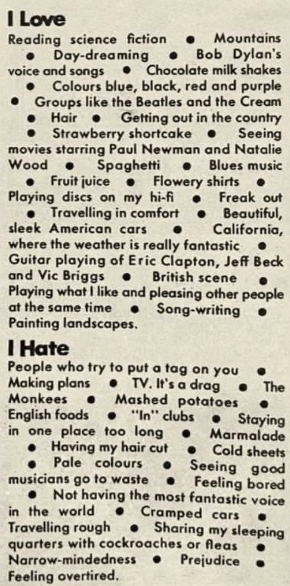ListsOfNote's tweet image. As printed in 1967, the Loves and Hates of Jimi Hendrix, who would have turned 80 today: listsofnote.com/p/i-hate-tv-it…