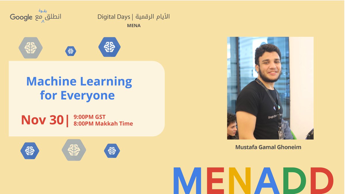 DevMENA1's tweet photo. خوارزمية التعلم الآلي تمكّن المحترفين من دراسة مجموعات البيانات الكبيرة المعقدة وتحليلها وفهمها واستكشافها.
انضموا إلينا الليلة في جلسة بعنوان "Machine Learning for Everyone" مع الأستاذ مصطفى جمال غنيم على الساعة 9 مساءً مباشرةً:
https://t.co/LX9JMUjLam
#MENADD #MLforEveryone https://t.co/wMmVI7Inn5