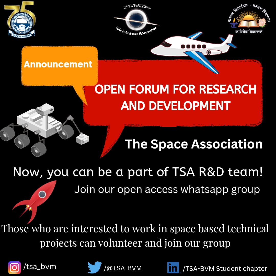TSA_BVM's tweet photo. The Space Association (TSA) BVM Student Chapter 🌌 is excited to announce the launch of an Open Forum under their R&amp;D team. 

It aims to provide space enthusiasts with a platform to build a community of their own. 

 Link to join the WhatsApp Group:
 https://t.co/zPtMgVuNKr https://t.co/6h9awVeDeX