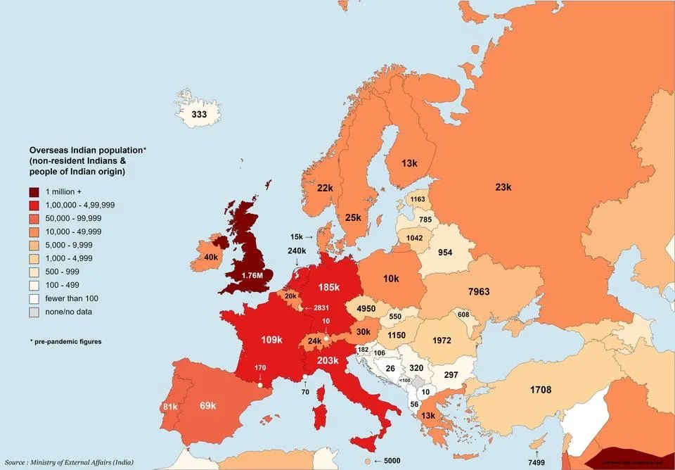 Map shows the Indian diaspora in Europe. More Indians live in Italy than in Germany. That surprised me. Special shout-out to the 10 (!) Indians living in North Macedonia. Source: buff.ly/3APFme9