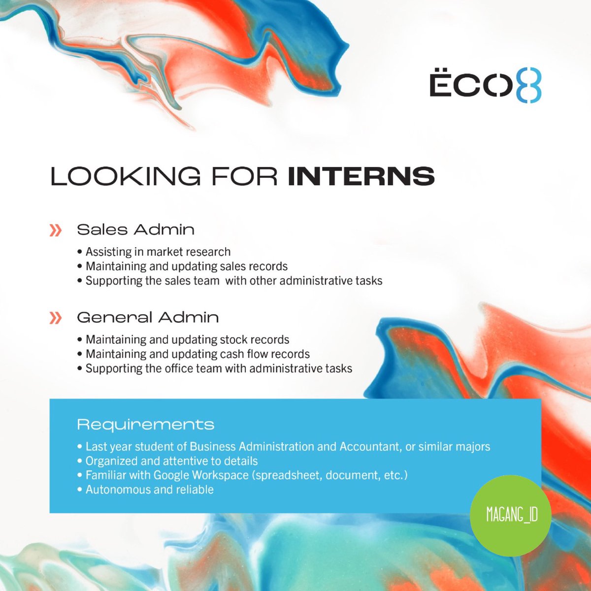 sobatmagang_id's tweet photo. We are hiring for interns! Jois us ♻️ ECO8 is looking for interns to be part of our team 😊 BASED IN BALI, send your CV to info@ecollabo8.com
Deadline 30 Nov 2022
Internship period = 6 months

#Magang #MagangID #InfoMagang #AnakMagang #MagangYuk #MagangBali #InfoMagangBali #eco8 https://t.co/V6fdV6BRex