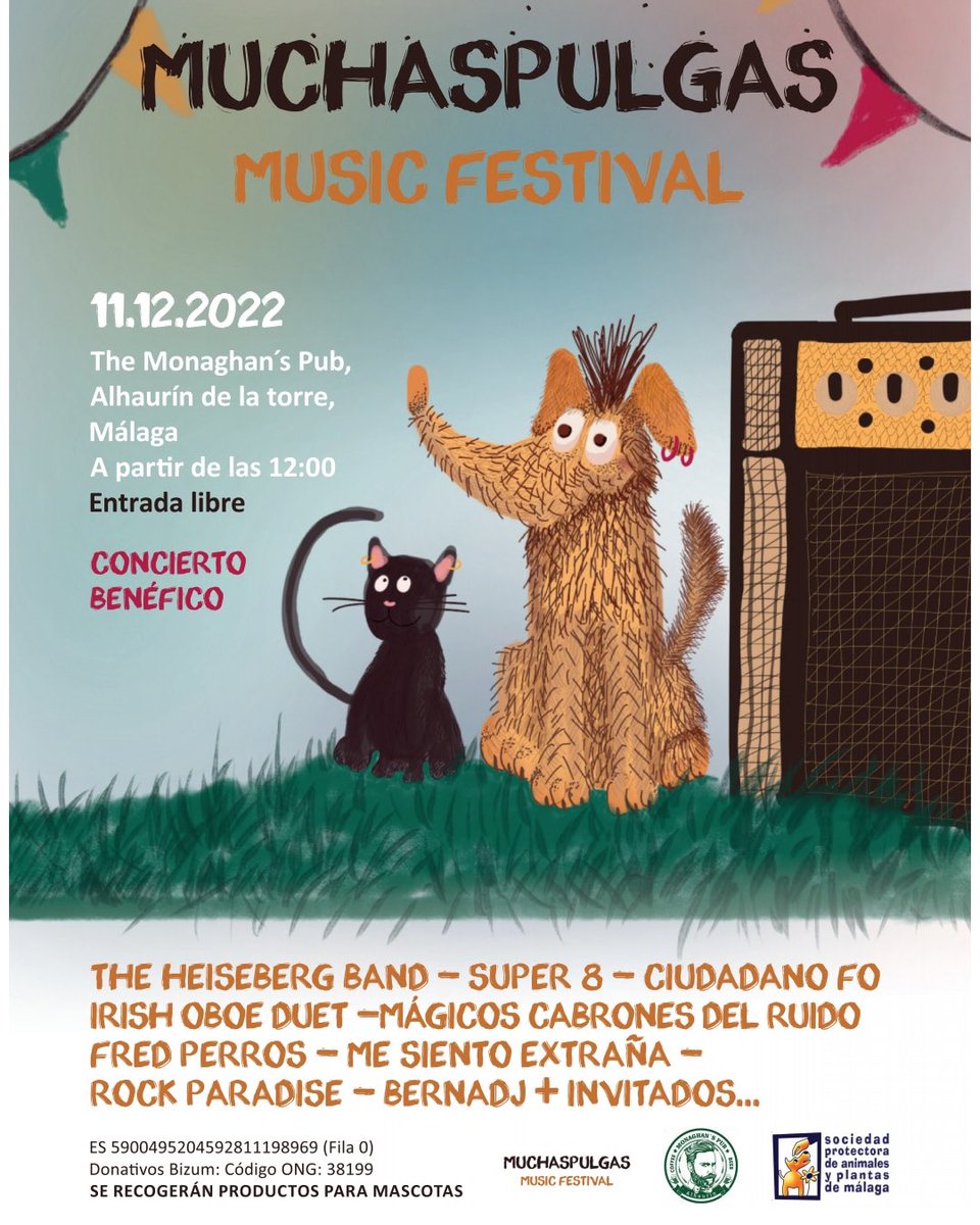 protemalaga's tweet photo. El próximo DOMINGO 11 celebraremos un concierto benéfico en 📍The Monaghan’s Pub, Alhaurin de la Torre (Málaga).

🎸No te pierdas nuestro MUCHASPULGAS MUSIC FESTIVAL con diferentes bandas de rock🎸

Contaremos con paella, DJ, guardería para niños y ¡mucho más!

Te esperamos❤️🐶🐱 https://t.co/wJ4zBSPEkx