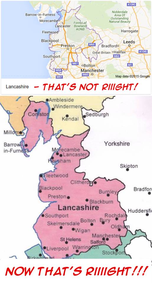 Happy Lancashire Day, here's my annual reminder of the actual county palatine boundaries as opposed to the rump bit we're told is 'Lancashire' nowadays (tut tut @googlemaps!) 😁 #LancashireDay