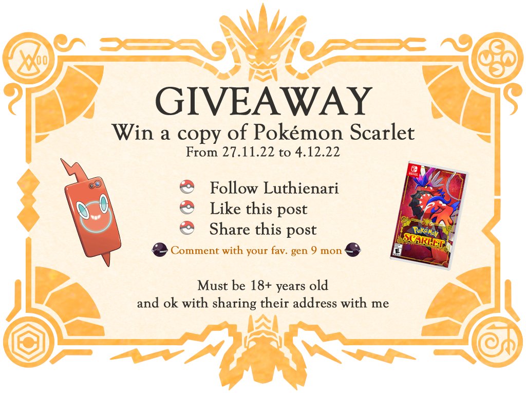 luthienari's tweet image. ✨GIVEAWAY✨

Giving away one copy of Pokémon Scarlet!

How to enter:
1. Follow @luthienari 
2. Like💗 and share🍪this post
3. Comment with your fav. gen 9 mon

If we get 151 retweets, I'll add a traditional artwork of Koraidon in my style! 

GOOD LUCK!🍀

#PokemonScarletViolet