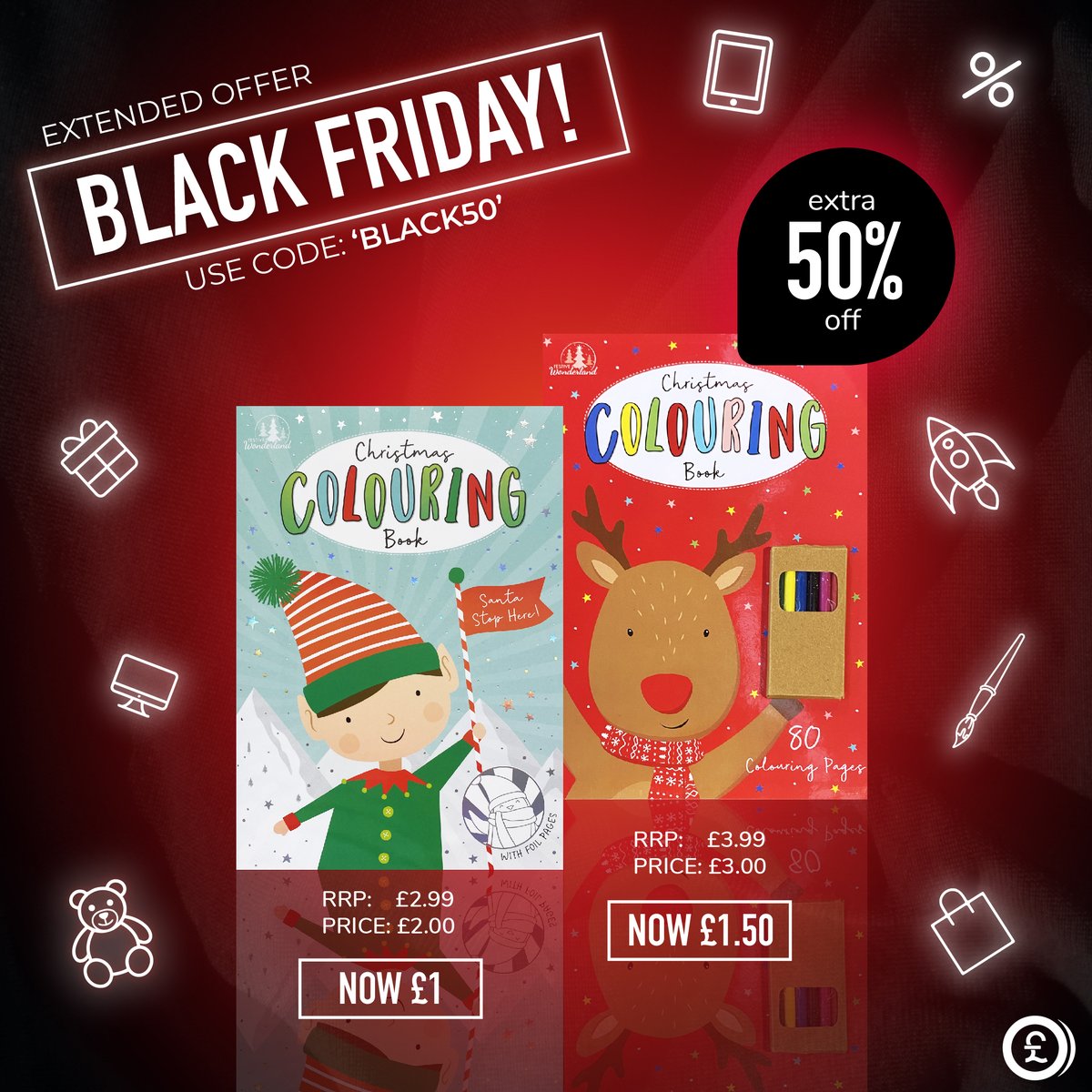 Last Chance | Black Friday weekend 🎅🏼

The Christmas Colouring Book With Foil Pages and Christmas Reindeer Colouring Pad &amp; Pencils are the perfect stocking fillers for your little ones! 🎄 
Add both to your basket for just £2.50 with code, BLACK50 🧡
bit.ly/3fABYbl