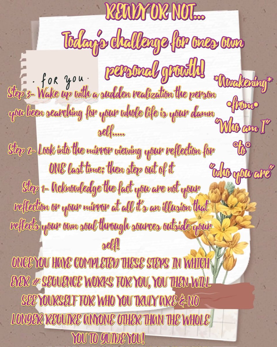twzzdidx2's tweet photo. Today's goals for whomever maybe seeking growth and personal challenge!
#mentalhealth #awakened #woke #wakeup #readyornot #today #nottomorrow #believe #trust #yougotthis #youfirst #stepaway #sonoonesintheway #faith #confidence #youcantloseWITHIT #getwiththeshit #WhoAmI #growth https://t.co/cLeCdEEil5