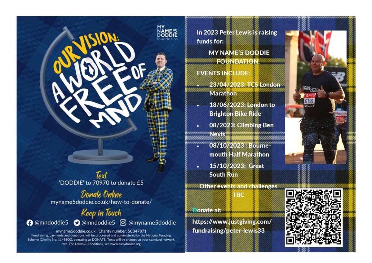Peter_J_Lewis's tweet photo. Here is my fundraising poster with links and QR code for 2023s challenges and events that have been decided so far. More events to follow! Raising funds for @MNDoddie5. The fight continues, the search for a cure continues! #RIPDoddie #MND #Searchforacure #fundraising https://t.co/OYMGKNeG6F