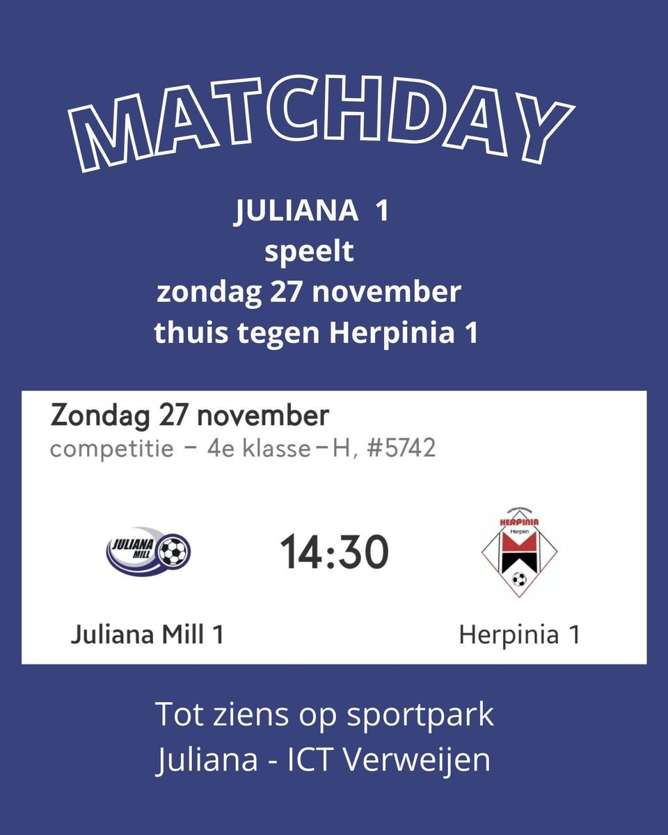 JulianaMill1's tweet photo. Tot vanmiddag half drie op sportpark Juliana - ICT Verweijen.
#hupjuliana #henkdehoogtribune https://t.co/dIil6WUIT1