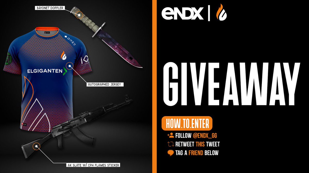 CPHFlames's tweet photo. To celebrate going live on endx, we are hosting a giveaway! 
Win a Flames jersey signed by our main team, a Bayonet Doppler, or an AK Slate with our Stockholm holos 🔥

To enter:
📈Follow @endx_gg 
🔁Retweet this tweet
🤝Tag a friend below

Winners drawn on Monday December 5th. https://t.co/tKrEhQy32R